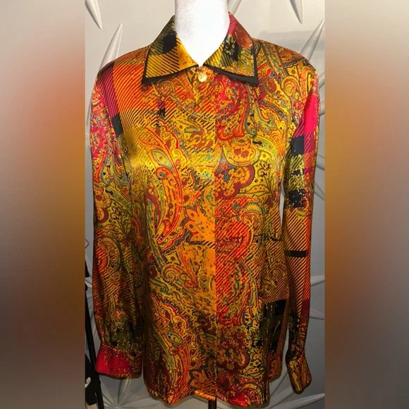 EUC Louis Feraud SZ 4 gold/red/black multicolored silk paisley print blouse - Picture 10 of 12